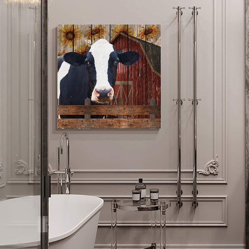 Farmhouse Cow Canvas Print Wall Art Oil Paintings Creative Picture Prints Artwork for Home Bedroom Bathroom Decor,Stretched and Framed Ready to Hang, Country Rustic Wood Barn Fence and Sunflower