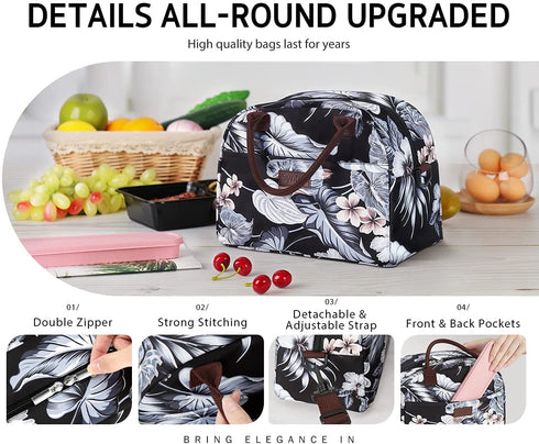 Syntus Insulated Lunch Bag for Women and Men Large Lunch Box with Pockets & Detachable Shoulder Strap for Work Picnic Travel Lunch Container (Black Lily)
