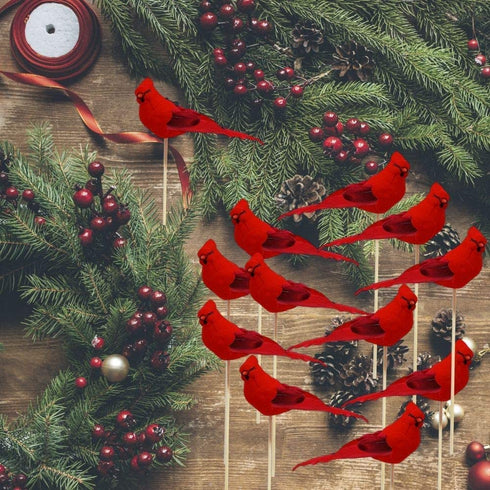 Cardinal Floral Picks - 5" Red Cardinals on 7" Wooden Sticks - Set of 12 Birds Attached to Stems - Red Birds Centerpieces - Christmas DIY - Ornament Holiday Décor.
