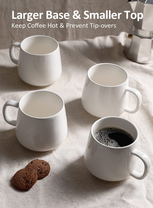 Porcelain Coffee Mugs Set of 4 - 12 Ounce Cups with Handle for Hot or Cold Drinks like Cocoa, Milk, Tea or Water - Smooth Ceramic with Modern Design, White
