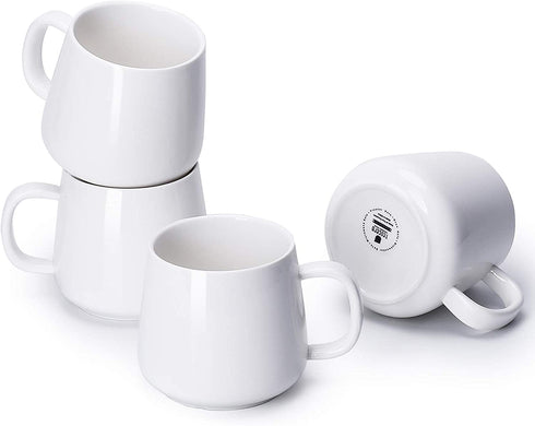Porcelain Coffee Mugs Set of 4 - 12 Ounce Cups with Handle for Hot or Cold Drinks like Cocoa, Milk, Tea or Water - Smooth Ceramic with Modern Design, White