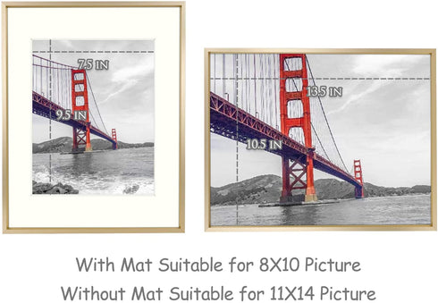 Frametory, 11x14 Aluminum Photo Frame with Ivory Color Mat for 8x10 Picture & Real Glass, Metal Picture Frame Collection (Gold, 1-Pack)