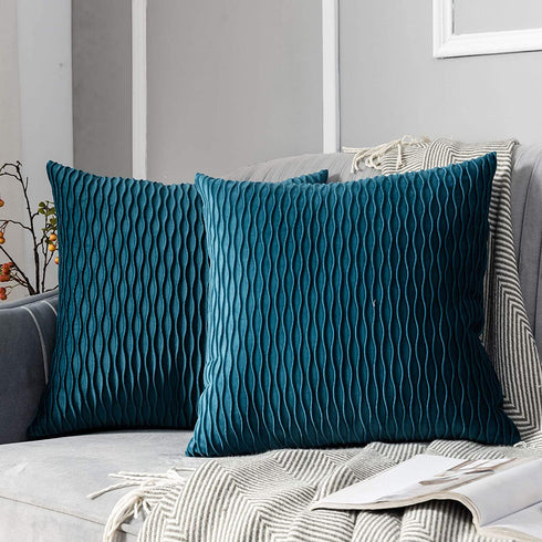 JUSPURBET Decorative Velvet Pillow Covers with Wave Striped,Pack of 2 Luxury Soft Cushion Cases for Couch Sofa Living Room,20x20 Inches,Peacock Blue