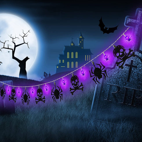 Halloween String Lights Decoration Battery Operated LED Spider String Lights with Twinkle Skeleton Banner for Halloween Garden Indoor, Porch Outdoor Decorations