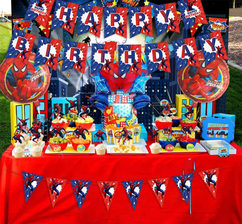 Spiderman Party Decorations Favors Birthday Spiderman Happy Birthday Banner, Foil Latex Balloons, Cupcake Toppers, Stickers - Avengers Superhero Birthday Party Supplies