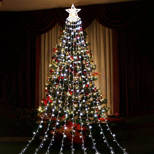 Christmas Decorations Outdoor Star String Lights,349 LED 8 Modes with 14" Topper Star Christmas Tree Lights,Star Waterfall Lights for Outside Tree Yard Wedding Home Party,Cool White