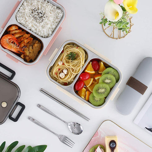 YBOBK HOME Leak Proof Bento Box, 2 Compartments Stainless Steel Lunch Box with Insulated Lunch Bag and Portable Utensil Set, Portion Control Lunch Container, On-the-Go Meal Fruit Snack Packing (Beige)