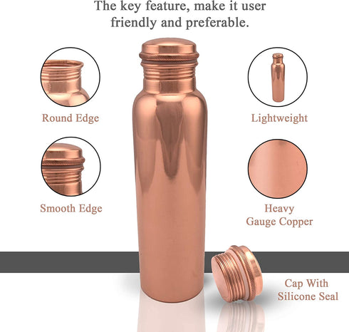 VIBRANICS's Aquatic Copper Water Bottle 34oz - Leak Proof - Ayurvedic Copper Bottle -Perfect Ayurvedic Copper Vessel for Sports, Fitness, Yoga - Natural Health Benefits - Plain - Made in India