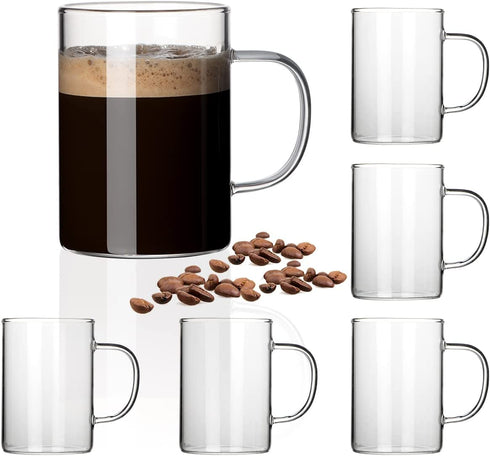 HORLIMER 10 oz Glass Coffee Mugs Set of 6, Clear Coffee Cup with Handle for Tea Cappuccino Latte Milk Juice Hot Beverages