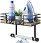TJ.MOREE Ironing Board Hanger Wall Mount - Laundry Room Iron and Ironing Board Holder with Large Storage Wooden Base Basket and Removable Hooks (Black)