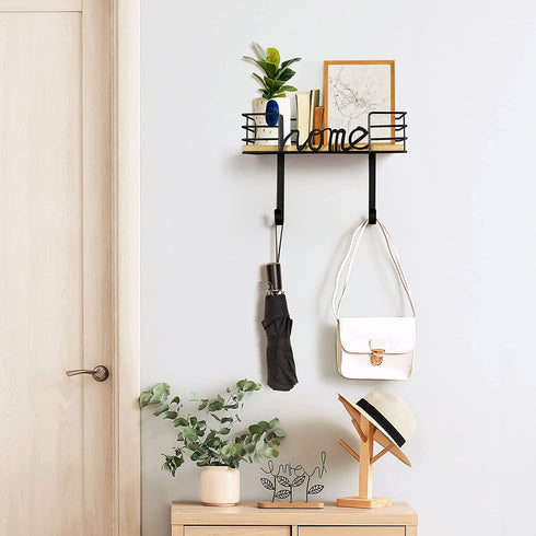TJ.MOREE Ironing Board Hanger Wall Mount - Laundry Room Iron and Ironing Board Holder with Large Storage Wooden Base Basket and Removable Hooks (Black)