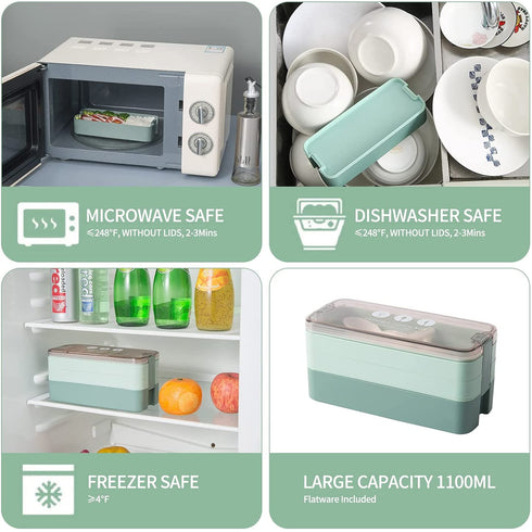 Bento Box Japanese Lunch Box Kit, 3-In-1 Compartment Stackable Bento Lunch Box for Kids and Adults, 17PCS 1100 ml Leakproof 3 Layer Meal Prep Eco-Friendly Lunch Container with Utensils (Green)