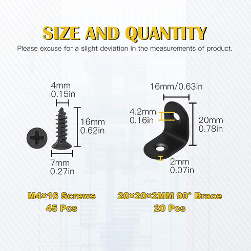 Mardatt 20 Sets 20x20mm Stainless Steel Black L Brackets Corner Braces Right Angle Brackets Heavy Duty with Mounting Screws for Wood Shelf Chair Cabinet Furniture Brackets