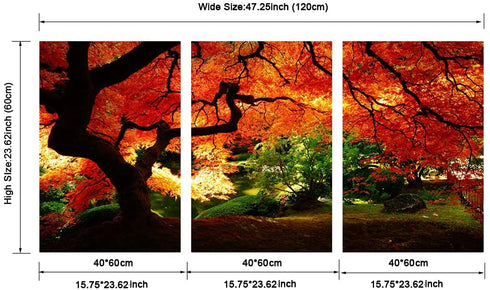 Pyradecor 3 Piece Giclee Canvas Prints Wall Art Paintings Ready to Hang for Living Room Home Decor - Red Maple Trees Large Modern Stretched and Framed Contemporary Landscape Pictures on Canvas Artwork