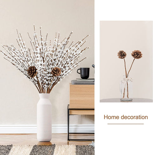 Houele - Long Stem Artificial Flowers for Tall Vase, Fake Branches, Pussy Willow Branches Home Vase Fillers for Home Hotel Office Bedroom DIY Decor (10 Pcs White + 2 Pcs Pine Cones)