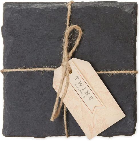 Twine Square Slate Coasters, Modern Square Coasters, Slate with Velvet Backing, Protect Tables and Surfaces, Black, Set of 4
