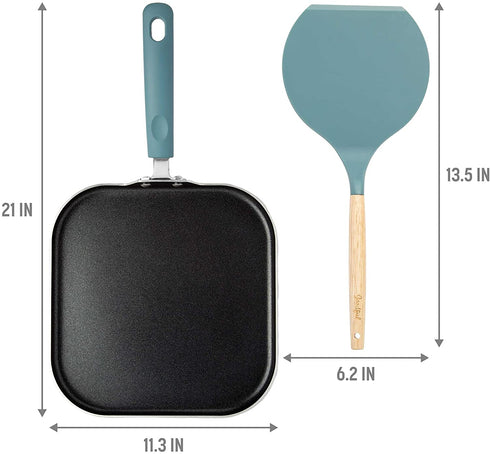 Goodful Aluminum Non-Stick Square Griddle Pan/Flat Grill, Made Without PFOA, with Nylon Pancake Turner, Dishwasher Safe Cookware, 11" x 11", Turquoise