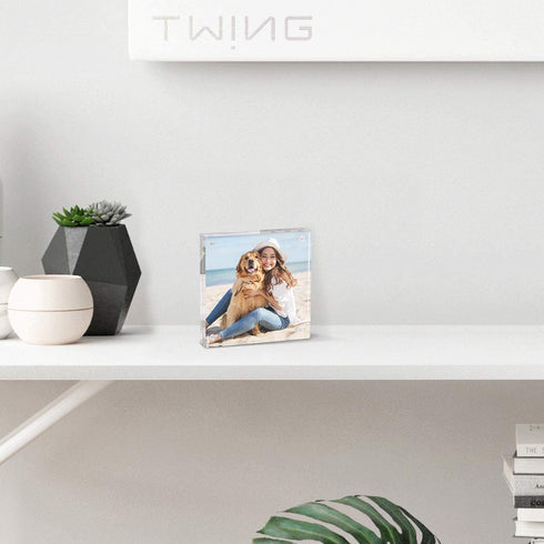 Picture Frame, TWING 4x4 Inch 2 Pack Acrylic Photo Frames Horizontal Magnet Double Sided Picture Frame Set with Microfiber Cloth,10 + 10MM Thickness Clear Picture Frame Desktop Display