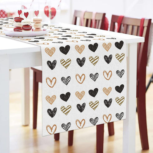 ALAGO Valentine Table Runner Love Heart Shapes Hand Draw Table Linens Cotton Non-Slip Runners for Home Kitchen Party Wedding Decorations 14" x 72", Valentine's Day Love Heart Table Runner