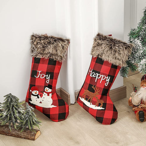 ZLLQIMENG 4 Pack Christmas Stockings Buffalo Plaid 18 inches Large Xmas Stocking Embroidery with Faux Fur Cuff for Family Kid Holiday Party Christmas Decoration