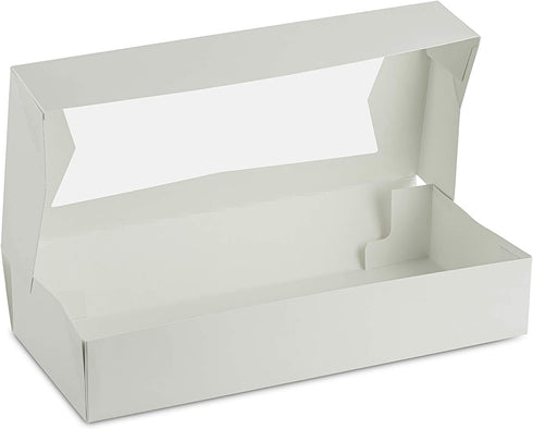 Beautiful White Paperboard Auto-Popup Bakery Box 12.5" Length x 5.5" Width x 2.25" Height Clear Window for Product Visibility by MT Products (Pack of 15)