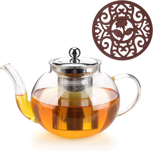 Glass Teapot With Removable Stainless Steel Infuser Premium Durable Borosilicate Glass Tea Kettle for Stovetop - Glass Flowering Tea Kettle With Infusers for loose Tea 1000 ml & Silicone Mat.
