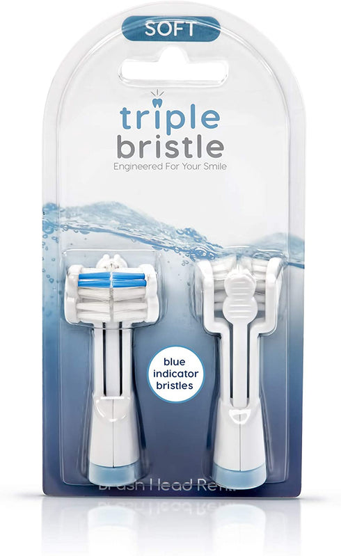 Triple Bristle Replacement Brush Head Refills | Innovative 3 Head Design | Compatible with Triple Bristle Brand Sonic Toothbrush | Color Changing Indicator Bristles | 2 Pack (Blue)