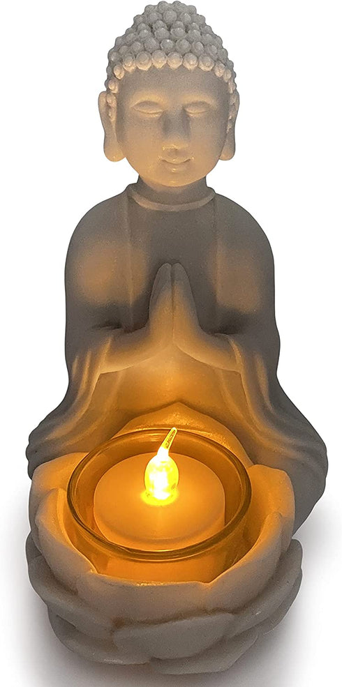OakiWay Meditation Decor - Buddha Statue & Lotus Flower Candle Holder W/ Flickering Led Candle - Spiritual Decor, Zen/Yoga Accessories, Feng Shui/Spa/Japanese/Boho Decor, Relaxing Gifts for Women
