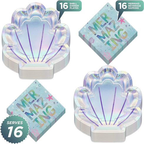 Mermaid Party Shell Shaped Iridescent Paper Plates and Metallic Beverage Napkins (Serves 16)