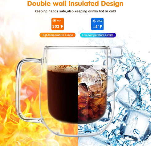8 oz Double Walled Insulated Glasses Coffee Mug with Handle, Espresso Mugs(Pack of 2), Glass Coffee Mugs for Americano, Latte, Beverage, Cappuccino, Espresso