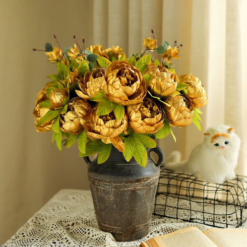 JUSTOYOU 2 Bunches Artificial Peonies, 12 Heads Faux Peony Flowers, Peonies Flowers for Decoration, Silk Flowers Bulk, Flores Artificiales para Decoracion, for Wedding, Party Decor (Gold)