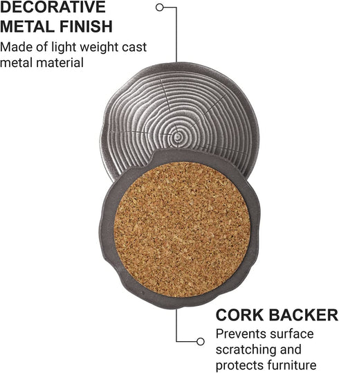 Questech Drink Coasters, Rustic Wood Grain Design, Tabletop Bar Coasters with Protective Cork Backer, Hosting Farmhouse D©cor, Housewarming Gift Idea, Decorative Brushed Nickel Metal Finish, Set of 4