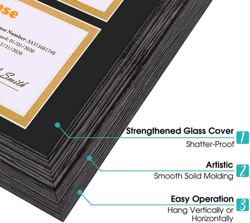Space Art Deco, 8.5x11 for Business License Frame, Black Over Gold Double Mat with Two 4x9 Business License Openings, Easel Stand, Sawtooth Hanger (Dark Brown Textured)