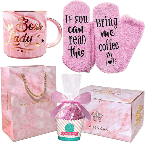 Boss Lady Mothers Day Gifts Basket for Women - 12oz Gold Pink Ceramic Coffee Mug + Funny Socks + Gift Bag - For the Best Boss and Boss Lady. The Best Mothers Day Gifts for Mom.
