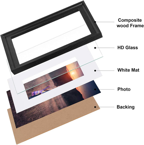 Upsimples Home 8x10 Picture Frame, Real Glass and Composite Wood for Wall or Tabletop Display, Display 5x7 Frame with Mat or 8x10 Without Mat, Hanging Hardware Included, Set of 4, Black