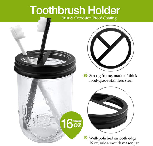 4pcs Rustic Mason Jar Bathroom Accessories Set- Liquid Soap Pump Dispenser and 2 Small Apothecary Storage Glass Jars&Toothbrush Stand Holder for Bathroom, Farmhouse Home Decor, Kitchen Sink (Black)