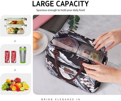 Syntus Insulated Lunch Bag for Women and Men Large Lunch Box with Pockets & Detachable Shoulder Strap for Work Picnic Travel Lunch Container (Black Lily)