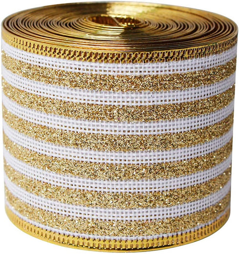 2-1/2" Wide 5 Yard Stripe Wired Edge Ribbon Christmas Ribbon for Gifts Wrapping Wreath Tree Ornaments (63MM-Glitter Gold)