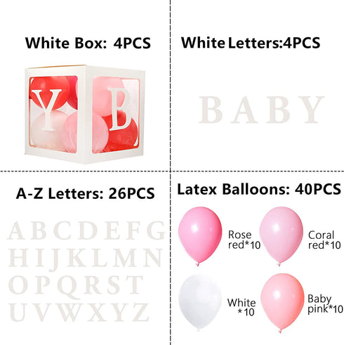 msnautpr 74 PCS Baby Boxes with Letters for Baby Shower 4Pcs Transparent Balloons Boxes Decor with 30 Letters 40 Balloons, DIY Baby Shower Decorations for Girl Kit Gender Reveal Bridal Party Backdrop