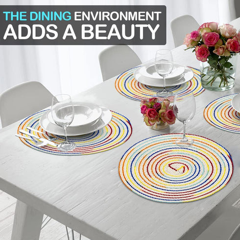 Round Braided Placemats Set, Woven Placemats for Dining Table Set of 6, Manteles Individuales Redondos Place Mats, Farmhouse Burlap Round Washable Table Placemats Set for Holiday Party Braided Mats