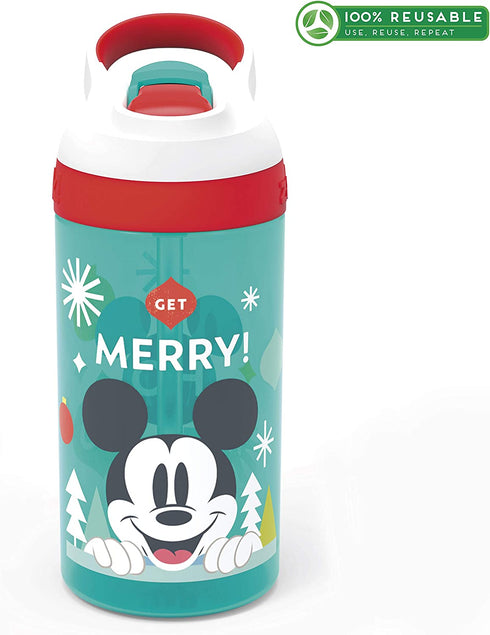 Zak Designs Disney Kids Water Bottle with Straw and Built in Carrying Loop Made of Durable Plastic, Leak-Proof Design (16 oz, Mickey Mouse)