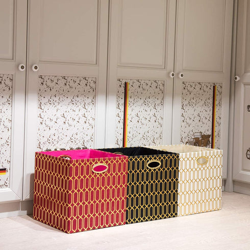 Posprica Storage Bins, Storage Cubes,13×13 Fabric Drawers Organizer Basket Boxes Containers (13×13×13/2pcs, Red/Gold Geometry Pattern)