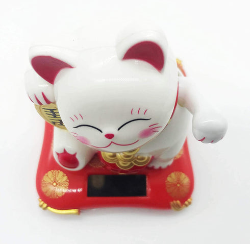 Mose Cafolo Solar Energy Powered White Maneki Neko Beckoning Lucky Money Cat for Home Office and Car d©cor