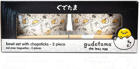Gudetama Bowl & Chopstick Set - Includes 2 Ceramic Ramen or Rice Bowls & Wooden Chopsticks With Cute Sanrio Lazy Egg Design