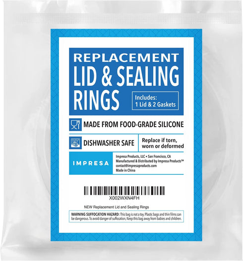 Impresa Two Pack of Gaskets plus 1 Bonus Lid fits Ninja Foodi 5 Quart, 6.5 Quart, & 8 Quart - Impresa Lid fits Ninja Foodi Cover for Inner Pot - Impresa Gasket intended for Ninja Foodi Seal Rings, Food Safe No BPA Silicone