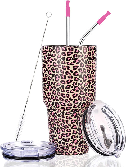 Artlion 30oz Tumbler Pink Leopard Insulated 30 OZ Metal Tumblers Cheetah Cup with Straws and Lid for Cold Hot Drinks
