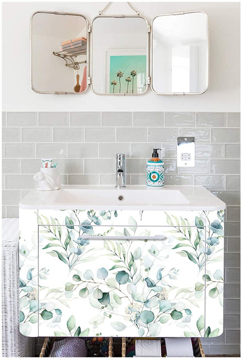 HaokHome 93042 Peel and Stick Wallpaper Green/White Eucalyptus Leaf Floral Wall Mural Home Nursery Boho Decor 17.7in x 9.8ft