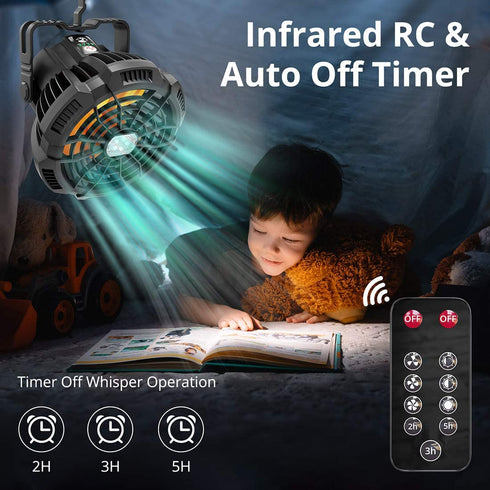 Camping Fan with LED Lights for Tent, Camping Ceiling Fan with Light, VOLUEX Portable Mini USB Desk Fan with Hanging Hook 3 Speeds and Remote Control for Outdoor Camping Travel Home Office