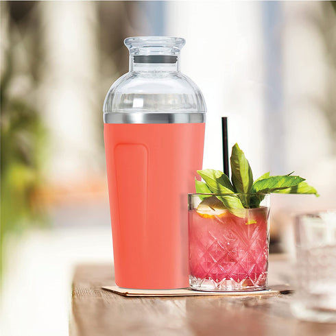 OGGI Groove Insulated Cocktail Shaker-17oz Double Wall Vacuum Insulated Stainless Steel Shaker, Tritan Lid has Built In Strainer, Ideal Cocktail Mixer, Martini Shaker, Margarita Shaker, Coral
