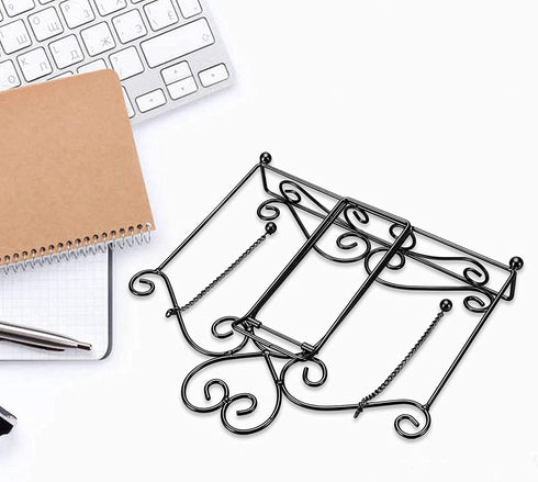 MEGREZ Desk Book Stand, Foldable Metal Recipe Holder, Kitchen Book Stand with 2 Weighted Chains to Fix Pages, Reading Book Rest Holder for Cookbook Music Document Textbook, Black